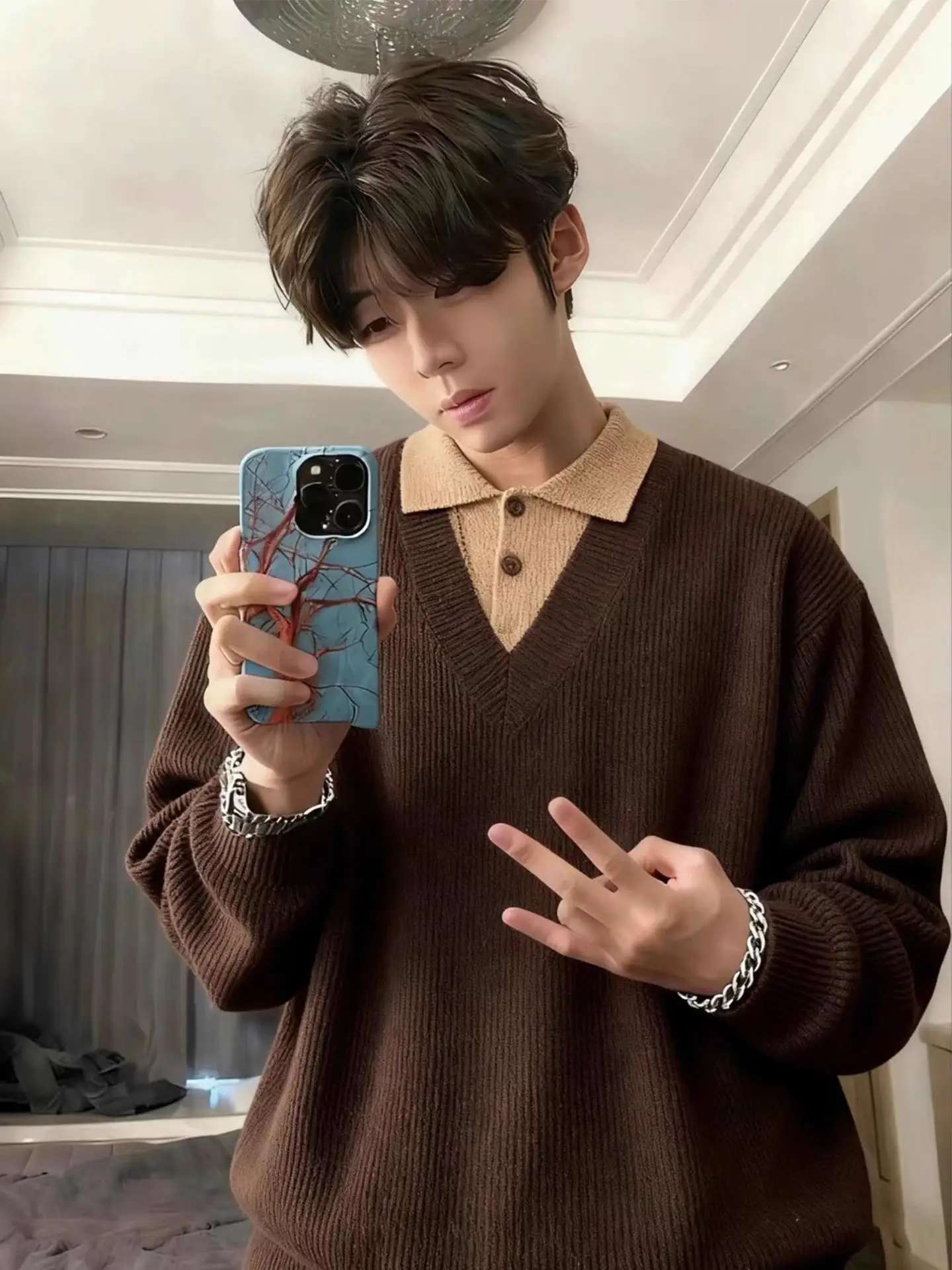 

Browny American Sle Ne Knitted Sweater Men's Autumn Winter Casual Long Sve Fake Two-Piece Warm Color Top