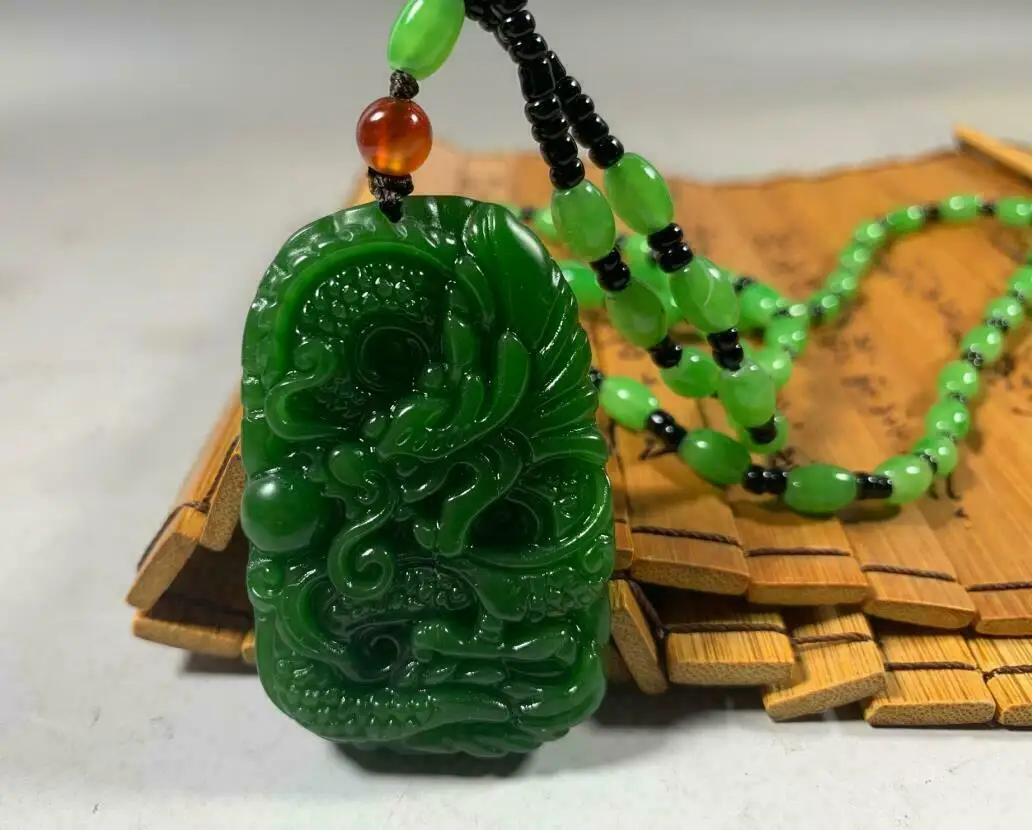 Natural Green Jade Dragon Pendant Necklace Jewellery Fashion Accessories Hand-Carved Man Luck Amulet Gifts Woman Sweater Chain