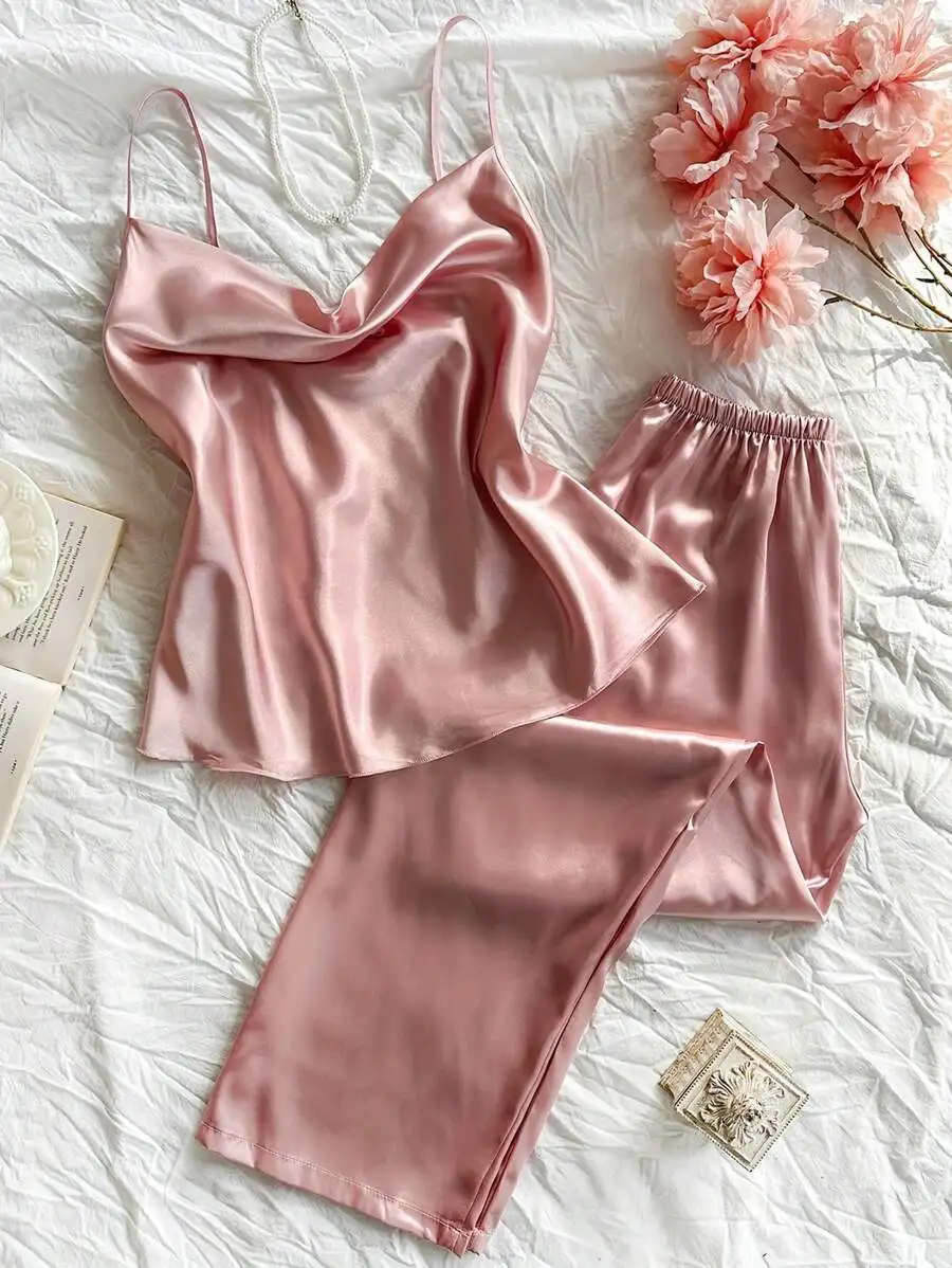 

2-Piece Satin Sleepwear Set for Women: Draped Neck Cami Top & Long Pants, Solid Pink, Elegant Loungewear