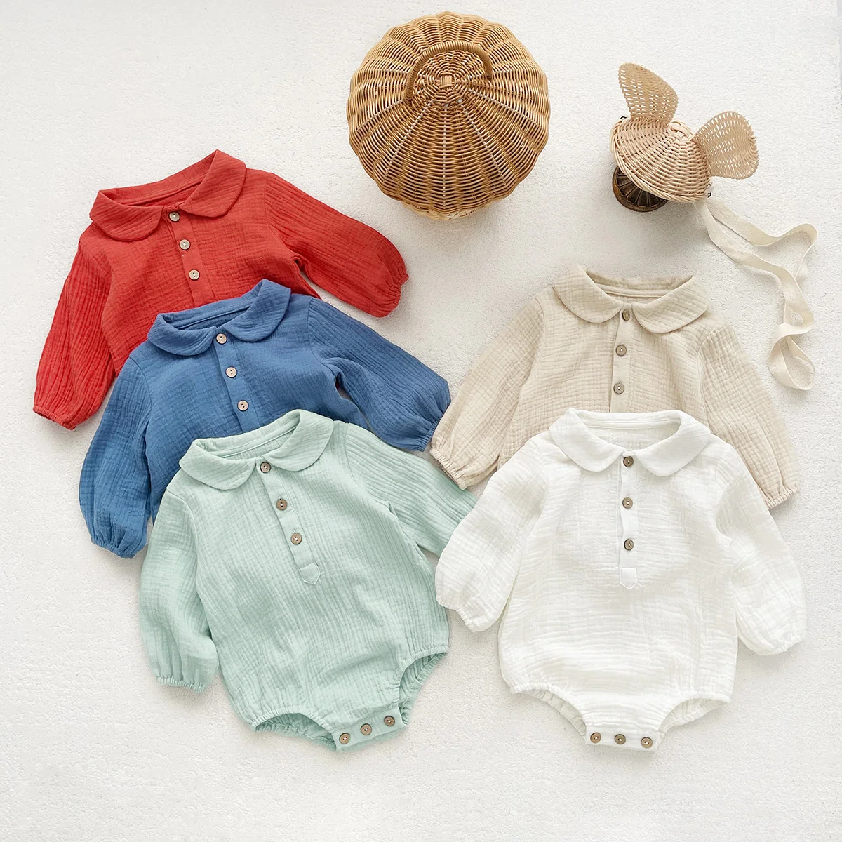 Baby Solid Color Romper Infant Boys Girls Baby Lapel Bodysuit Cotton Soft Jumpsuit 0-24 Months