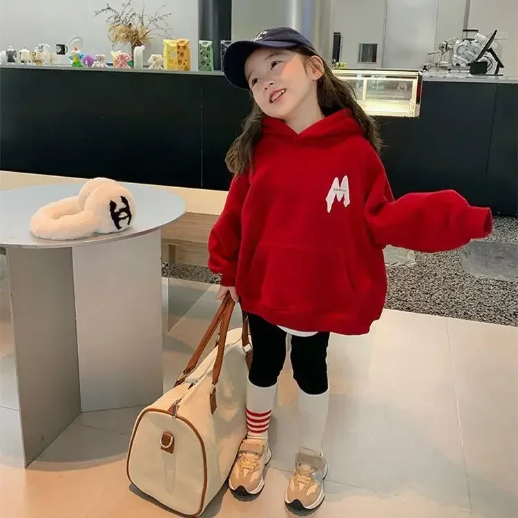 Girls Hoodies Children 2024 New Autumn and Winter Clothing Plus Fleece Hoodie Girls Fashion Bright Red Casual Hooded Top