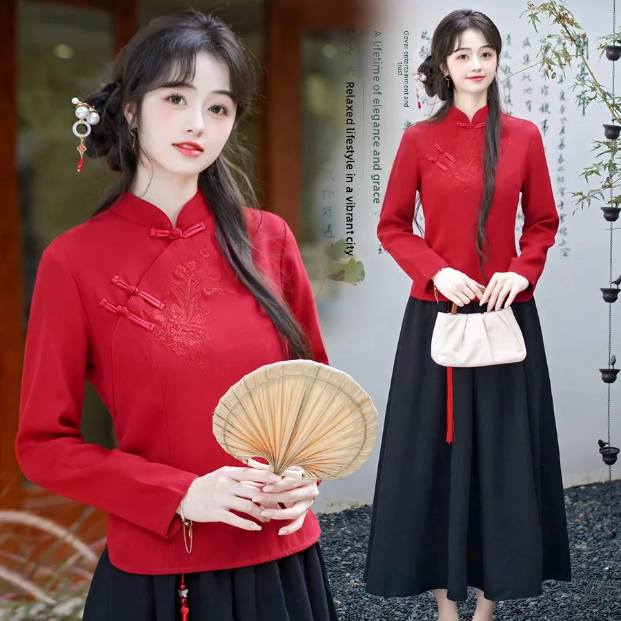 

Новая китайская женская блузка в национальном стиле с улучшенной вышивкой, ретро, приталенная, ручной работы, на пуговицах, с флисовой подкладкой