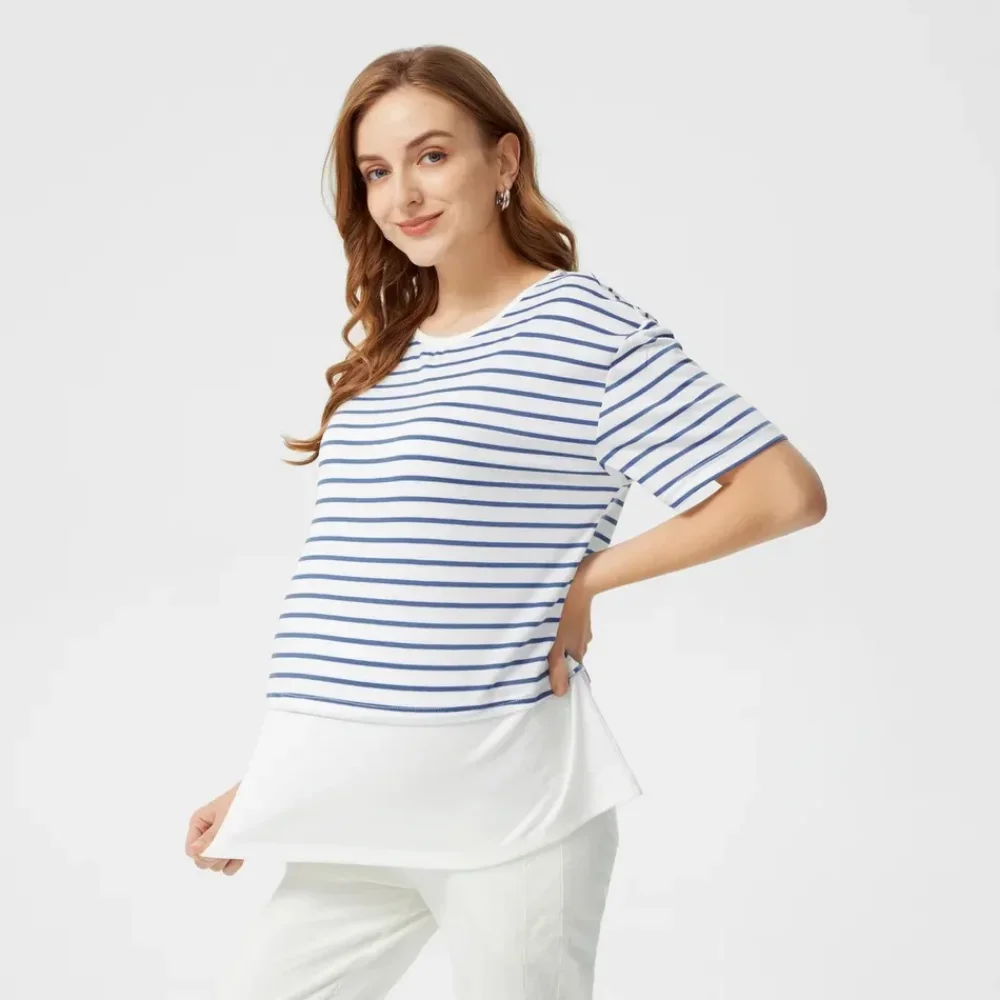 

Autumn Spring Casual Maternity T-shirt Striped Patchwork A Line Loose T shirts for Pregnant Women Spring Pregnancy Tops Tee