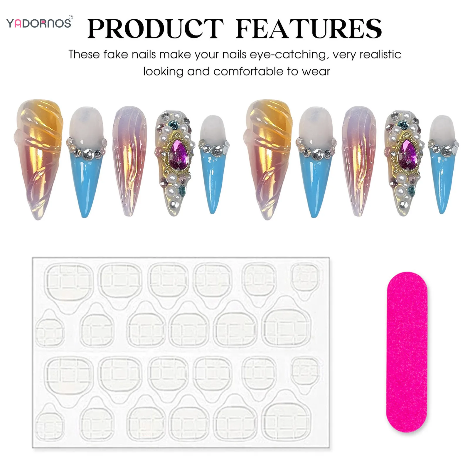 10Pcs Blush Fałszywe paznokcie Francuski styl Długie szpilki Ręcznie robione paznokcie z brokatowymi diamentowymi perłami Manicure wielokrotnego użytku