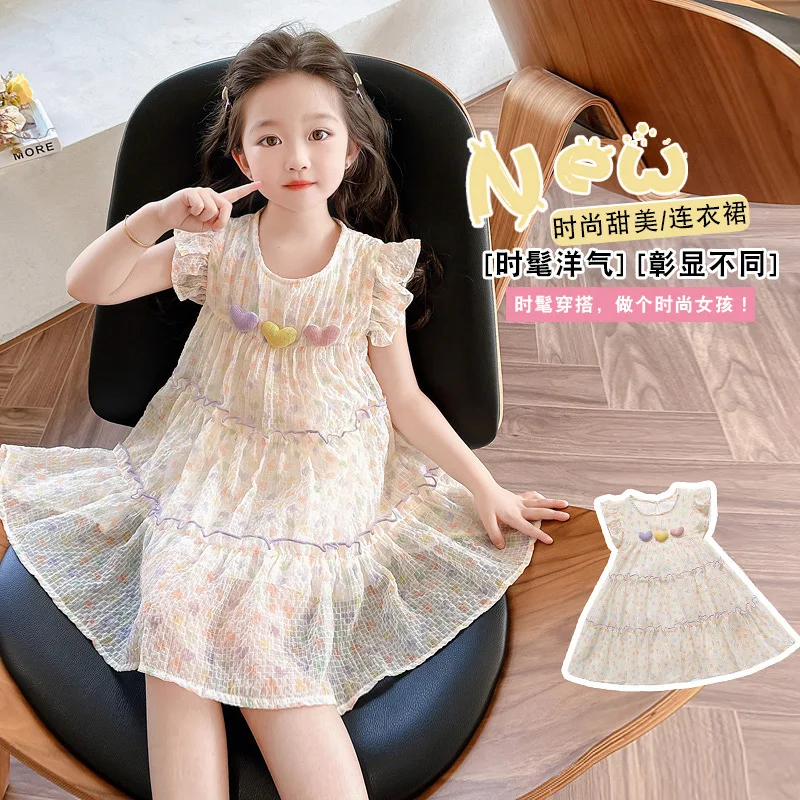 

Girls' Heart-shaped Flying Sleeve Dress Children's Fashion Little Girl Stylish Thin Princess Dress for Young Girls Summer Outfit