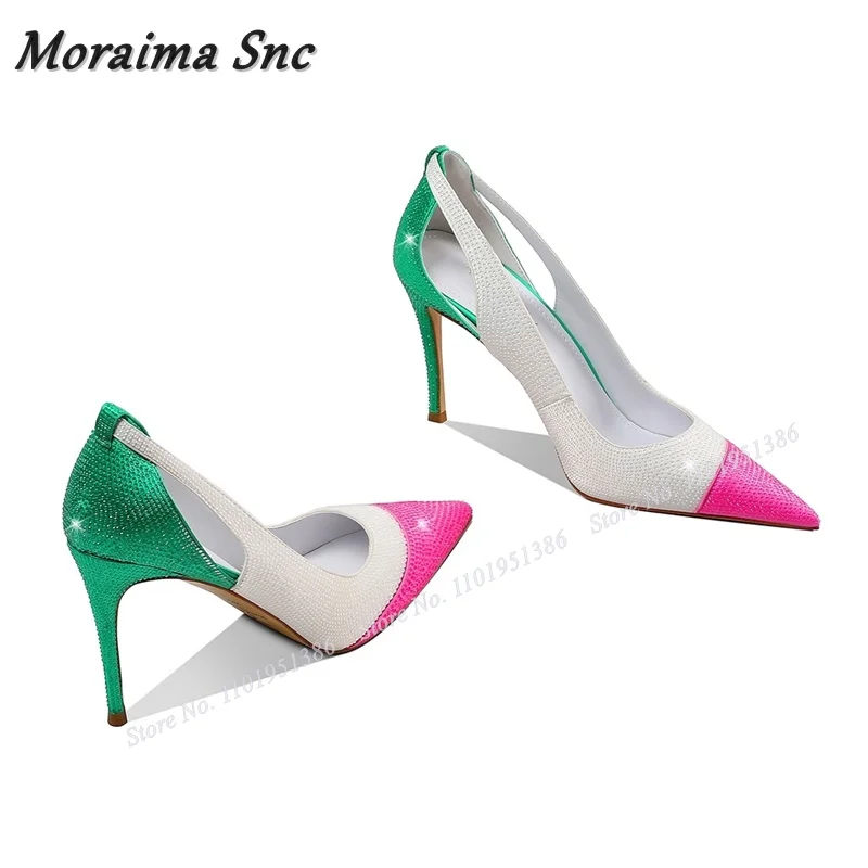 

Moraima Snc Mixed Color Crystal Shallow Pumps Cut Out Shoes for Women Pointed Toe Stilettos High Heels Wedding Zapatillas Mujer