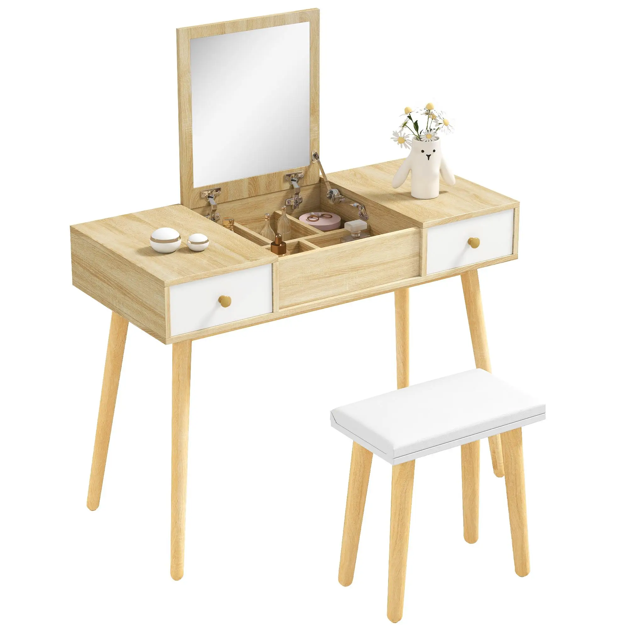 Toucheuse 2-en-1 avec miroir pliant, 2 tiroirs, 5 ventilateurs à main, table Sky tool, 100x45x118 cm Mélamine & Kederle