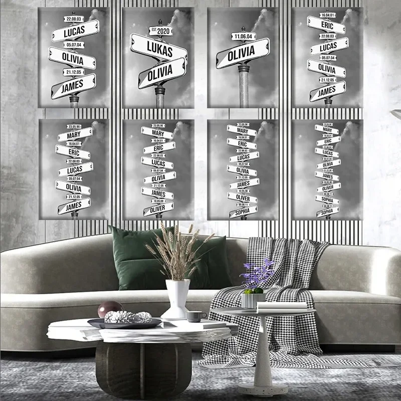 Wall Art Intersection Street Sign 1-8 Names Anniversary Canvas Painting Personalized Father's Day Gift Family Street Home Decor