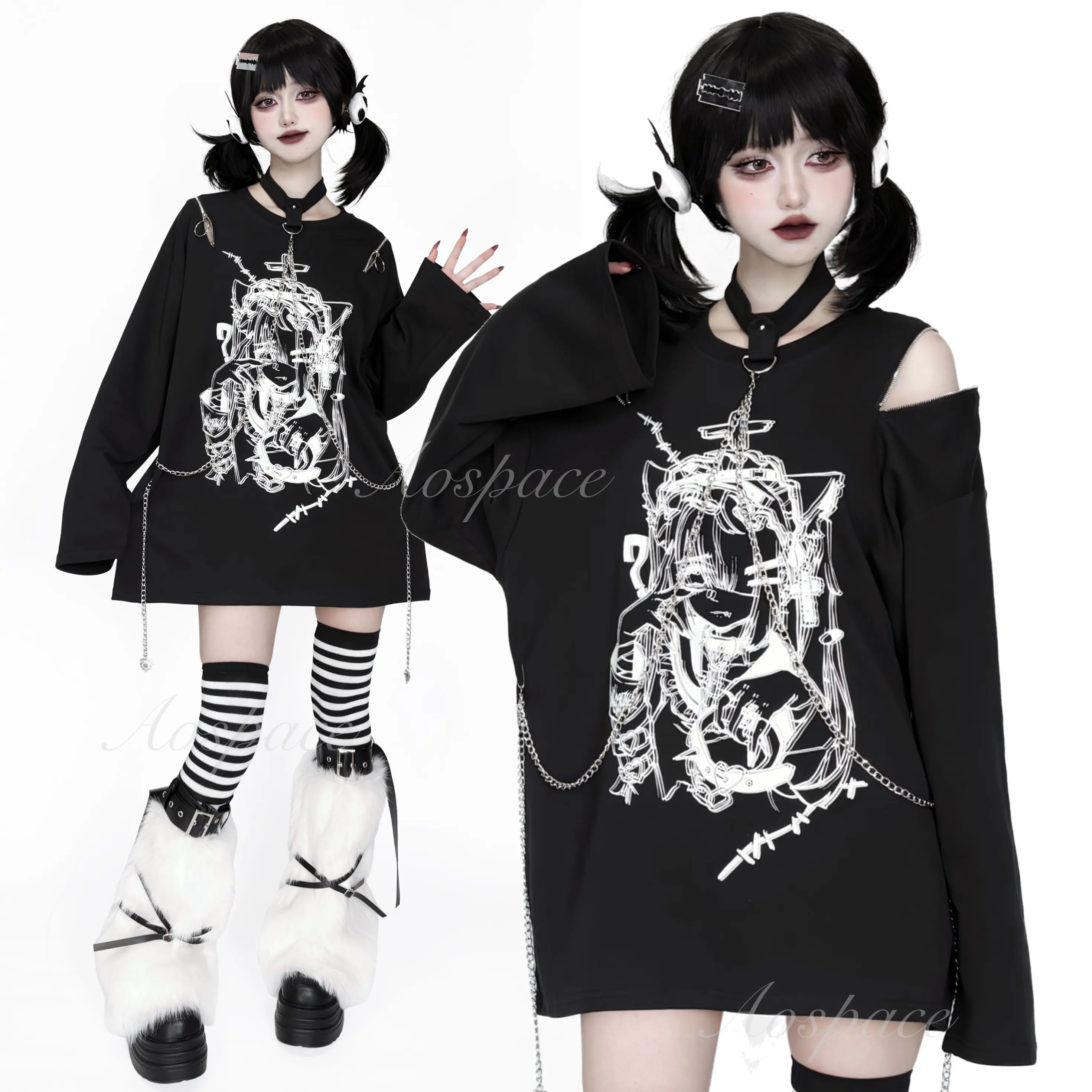 

Оригинальная тонкая футболка с открытыми плечами и принтом в стиле комиксов для миллениалов, с длинными рукавами, милый и стильный весенний свободный топ Y2K для женщин