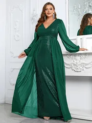 Plus Size V Neck Multicolor Chiffon Sequins Panel Dress 2023Big Size Loose Elegant Summer Long Evening Dress for Women Prom Gown