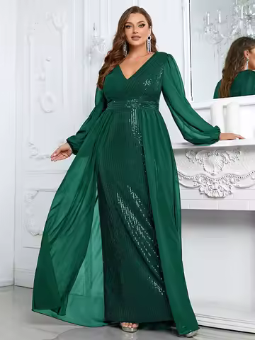 Plus Size V Neck Multicolor Chiffon Sequins Panel Dress 2023Big Size Loose Elegant Summer Long Evening Dress for Women Prom Gown