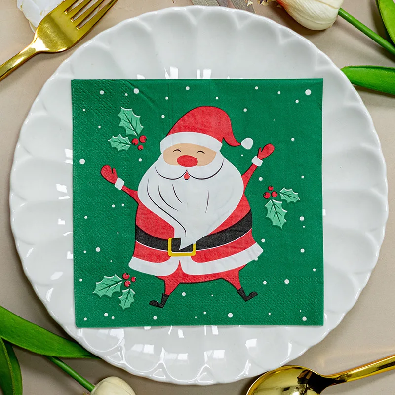 

20pcs/Pac 33*33cm 2-Ply New Father Christmas Theme Printing Christmas Day Party Decoration Napkins Paper Placemats Green