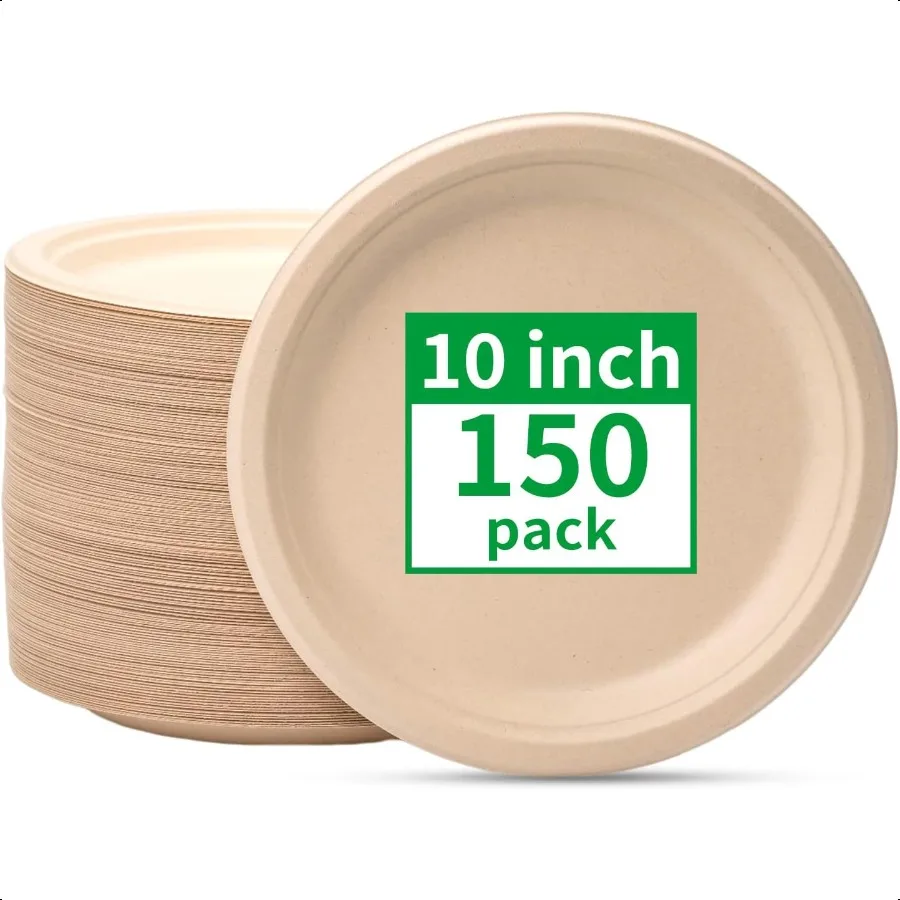 

Compostable Paper Plates 10 Inch [150 Pack] Biodegradable Heavy Duty Paper Plates Made of Natural Sugarcane Fibers Unbleached