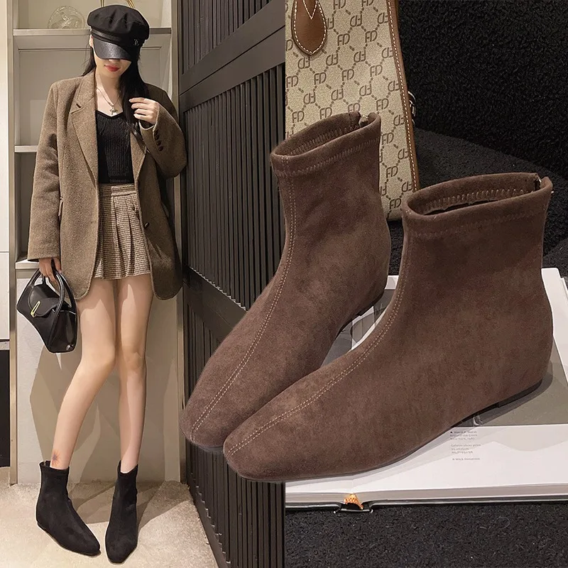 2025年新作-高品質-秋冬-ポインテッドトゥ-アンクルブーツ-レディース-デザイナー-ヴィンテージ-スクエア-ローヒール-ブーツ-シューズ-女性用ブーツ