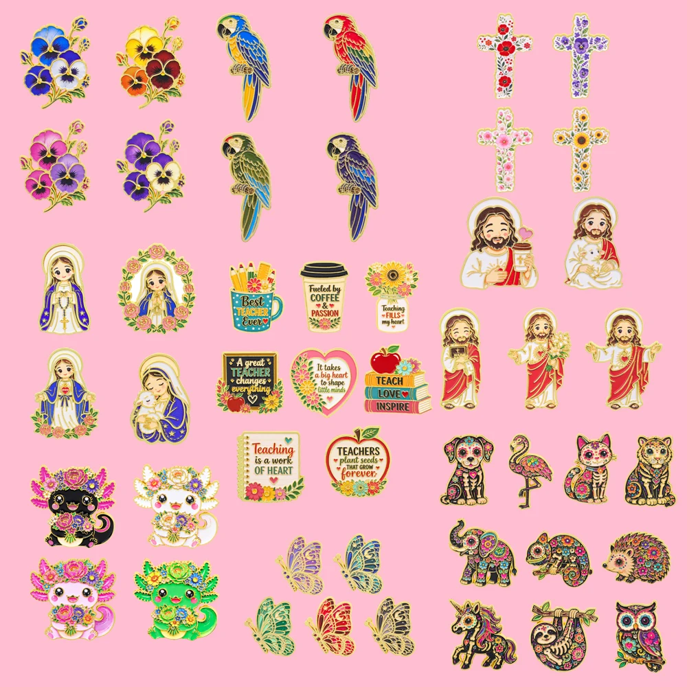 4-10pcs/set Cartoon Enamel Lapel Pins Parrot Butterfly Skull Animal Jesus Slogan Brooch Fashion Jewelry for Bag Jeans Accessory