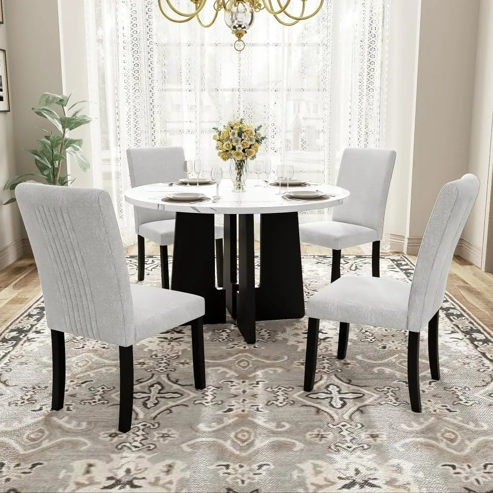 5-Piece Round Dining Table Set, 43-Inch Modern Dining Table and 4 Upholstered Chairs Kitchen Table Chairs for Dining Room