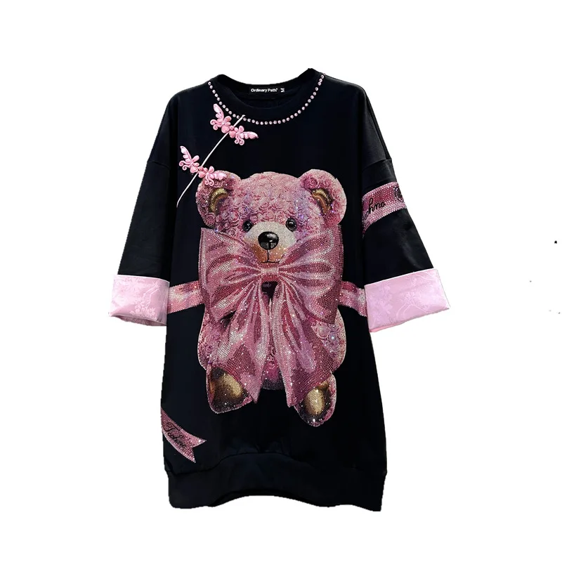 Chinese Style Pink T-shirt Dress Bow Bear Hot Drilling Fashion Mid-Length Oversized Short Sleeve Dress for Women Black Dress