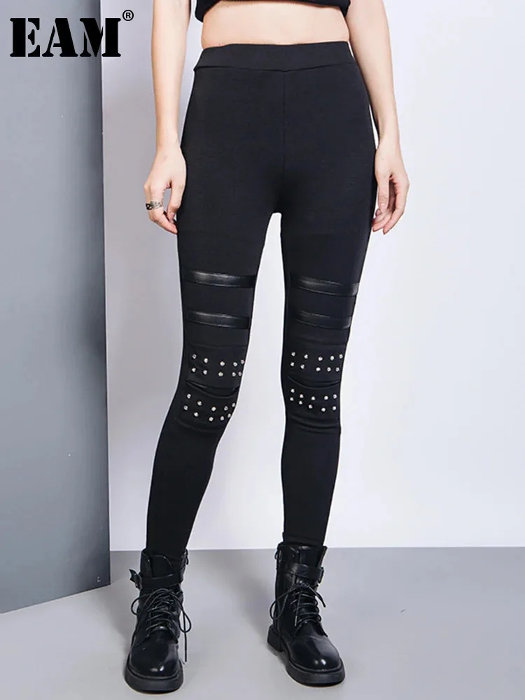 [EAM] High Elastic Waist Black Brief Long Rivet With Fleece Casual Pants New Trousers Women Fashion Spring Autumn 2024 1DH7172