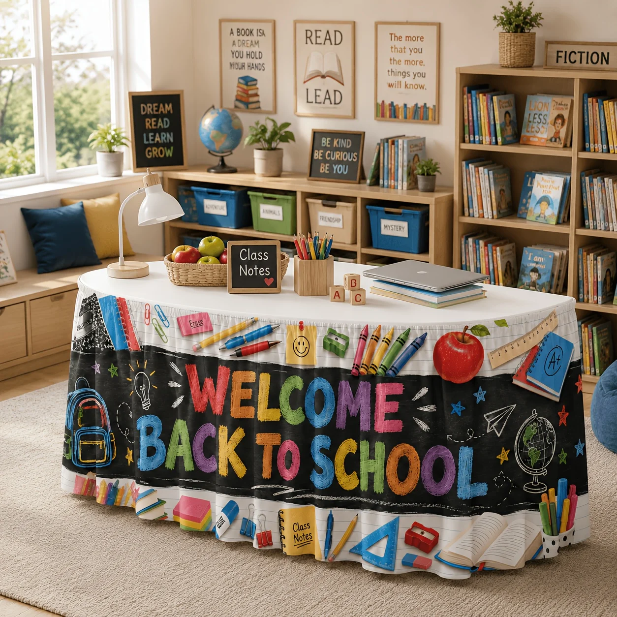 Earth backpack printed decoration, teacher podium, desk lamp, academic seminar registration booth, campus exposition