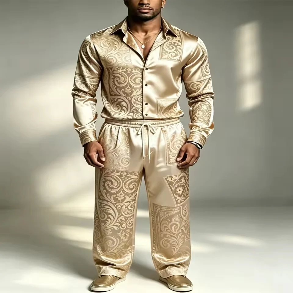 New Men's Two Piece Satin Silk Set Long Sleeve Paisley Printed Shirt and Elastic Waist Pants High end Gold Party Wedding Casual view 3