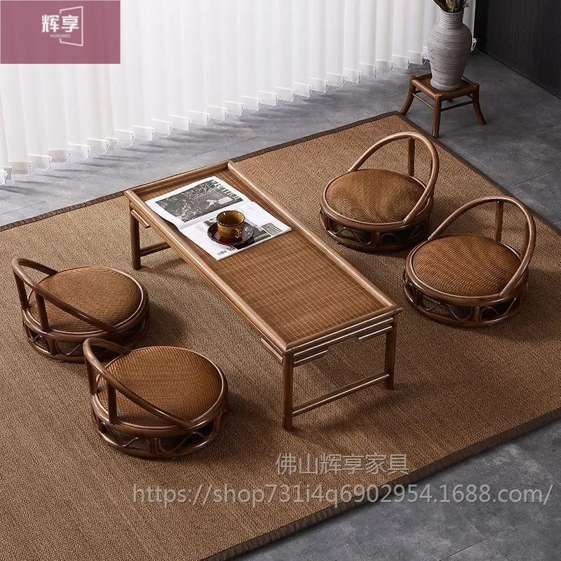 Japanese Style Tatami Coffee Table Set for Small Balcony Bay Window Zen Tea Table with Chairs Retro Low Pit Table for Bedroom