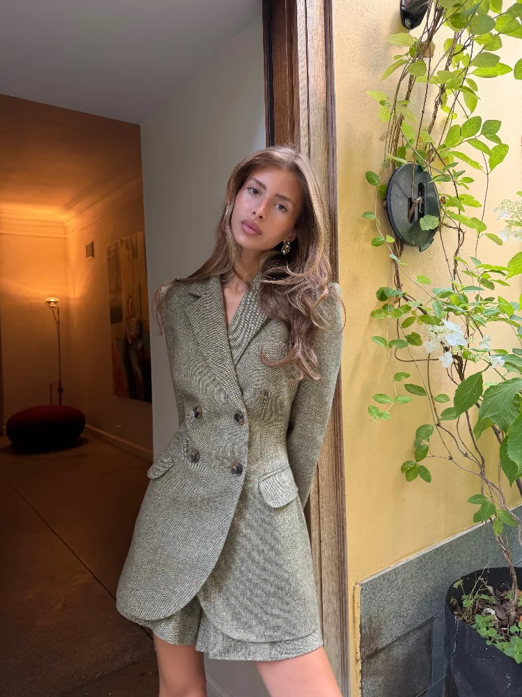 Women Solid Tweed 2 Piece Shorts Set Double Breasted Blazer Coat High Waist Short Vintage Office Business Party Matching Suit