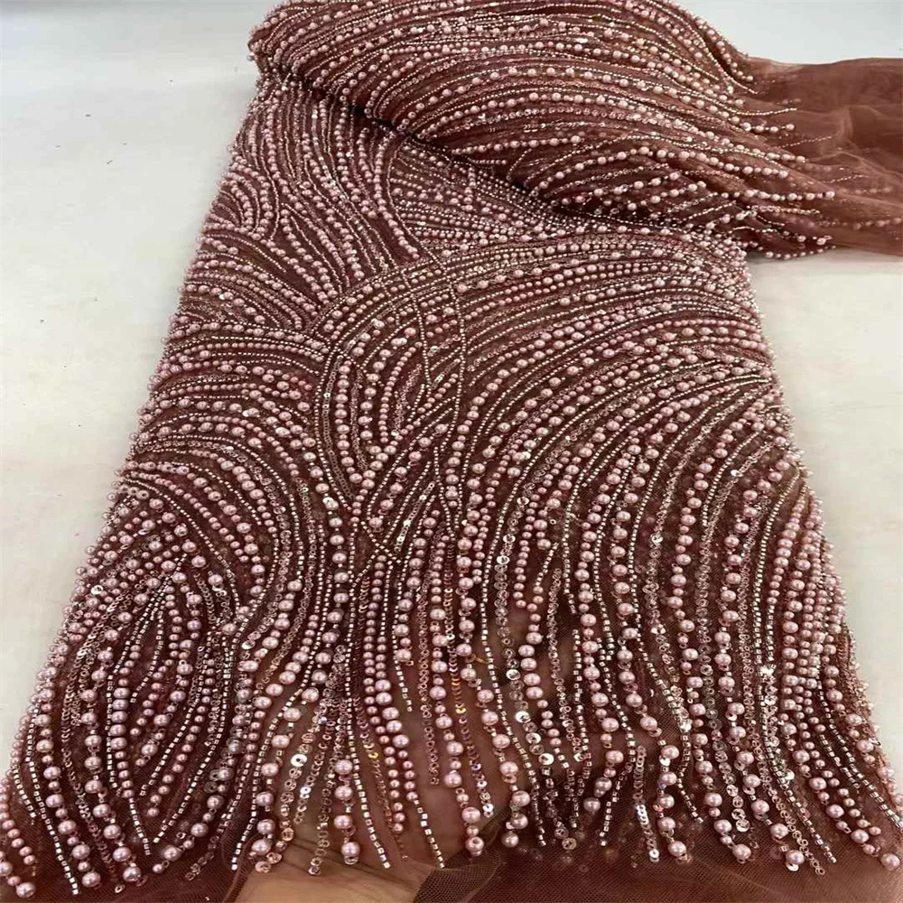 Luxury Nigerian Beaded Pearls Lace Fabric 2024 French Groom Heavy Handmade Sequins Tulle Lace Fabric For Bride Wedding Dress Sew