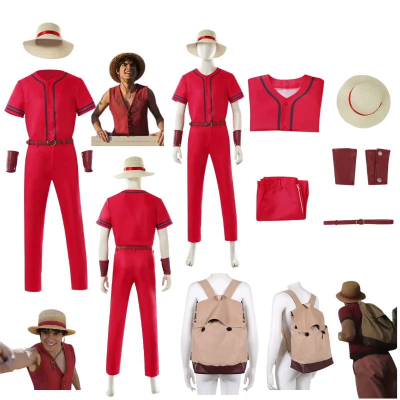 

Adult Male Luffy Cosplay Costume Halloween Live-Action Role Play Fancy Party Red Outfit Hat Brown Bag schoolbag