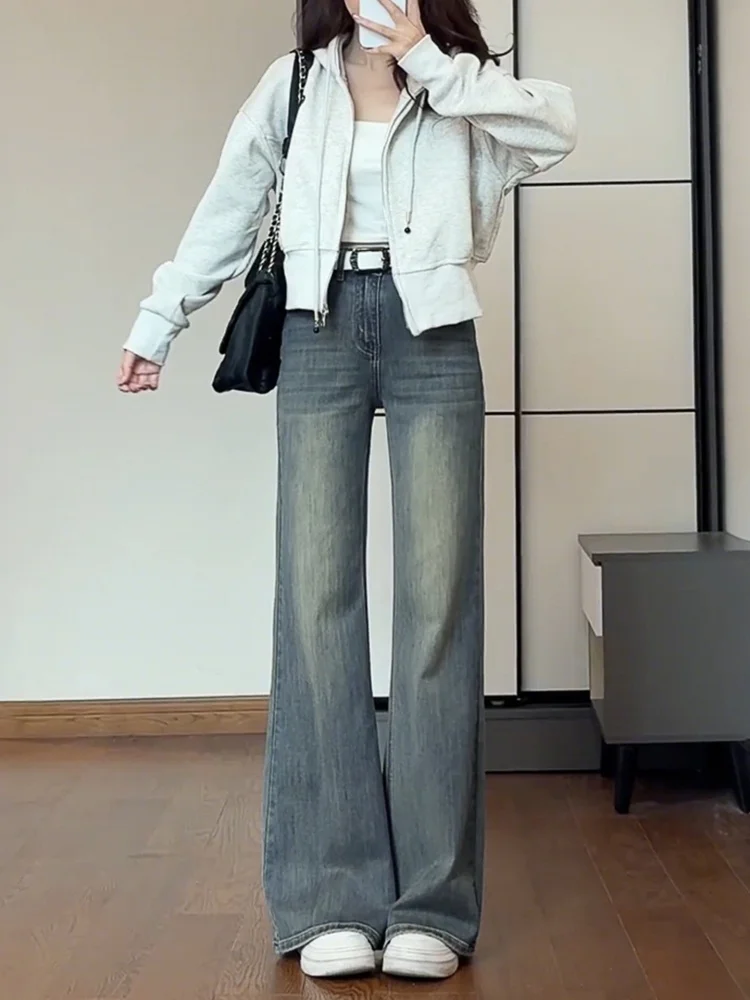 Fce Lined Thiened Micro Flared Jeans Women's Autumn Winter New Large Size Fat MM High Waist Non-Matching Leg Elastic Fla...