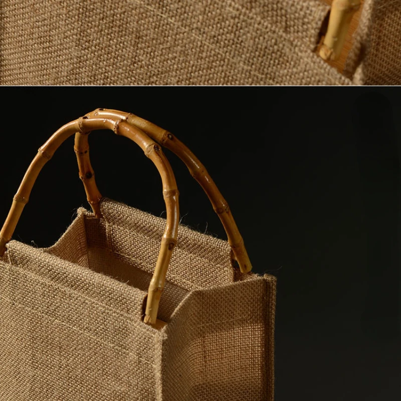 Linen Tote Hand Bags for Women Bamboo Handle Purses and Handbags Ladies Simple Daily Hand Bag