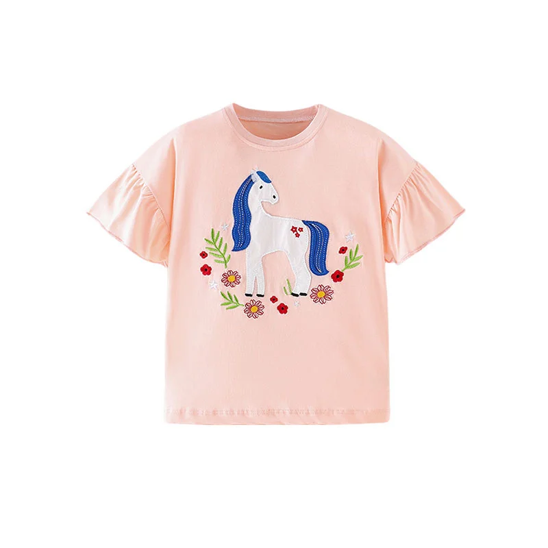 

Jumping Meters New Arrival Unicorn Applique Embroidery Hot Selling Cotton Summer Girls Tshirts Baby Clothes Children's Tees Tops