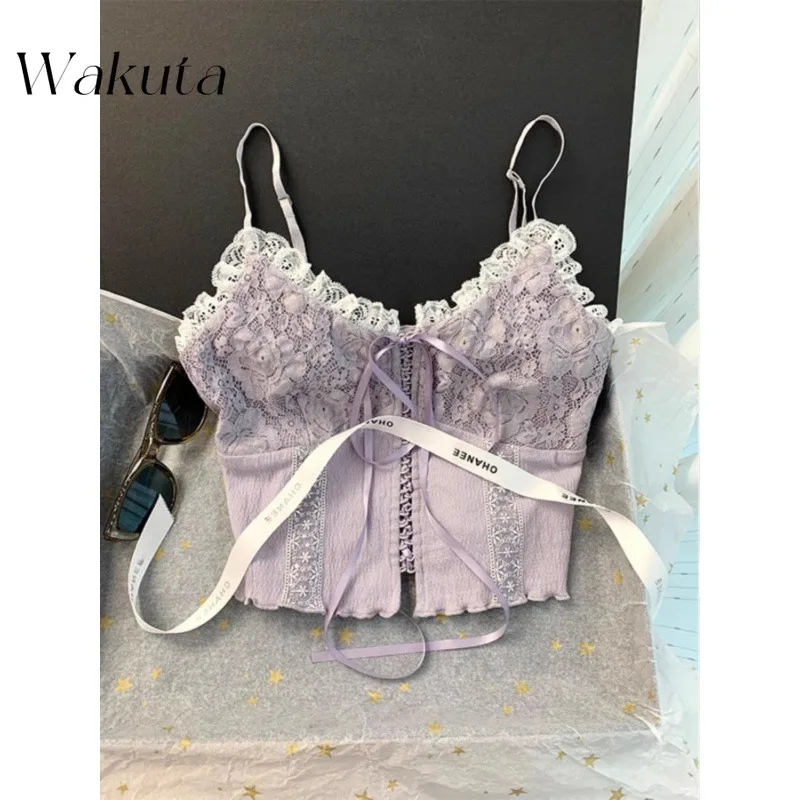 WAKUTA Sexy Dopamine Wear Lace Unique Chic Small Camisole crop Tank Women Purple Outwear Spice Girls Sexy Camis Edgy Clothes Y2k