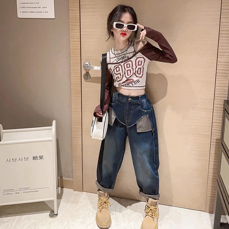Girls Suits Spring Korean Set 2024 New Girls Fashionable Jeans Simple Casual Top and Trousers Korean Simple Style Two-piece Set image 3