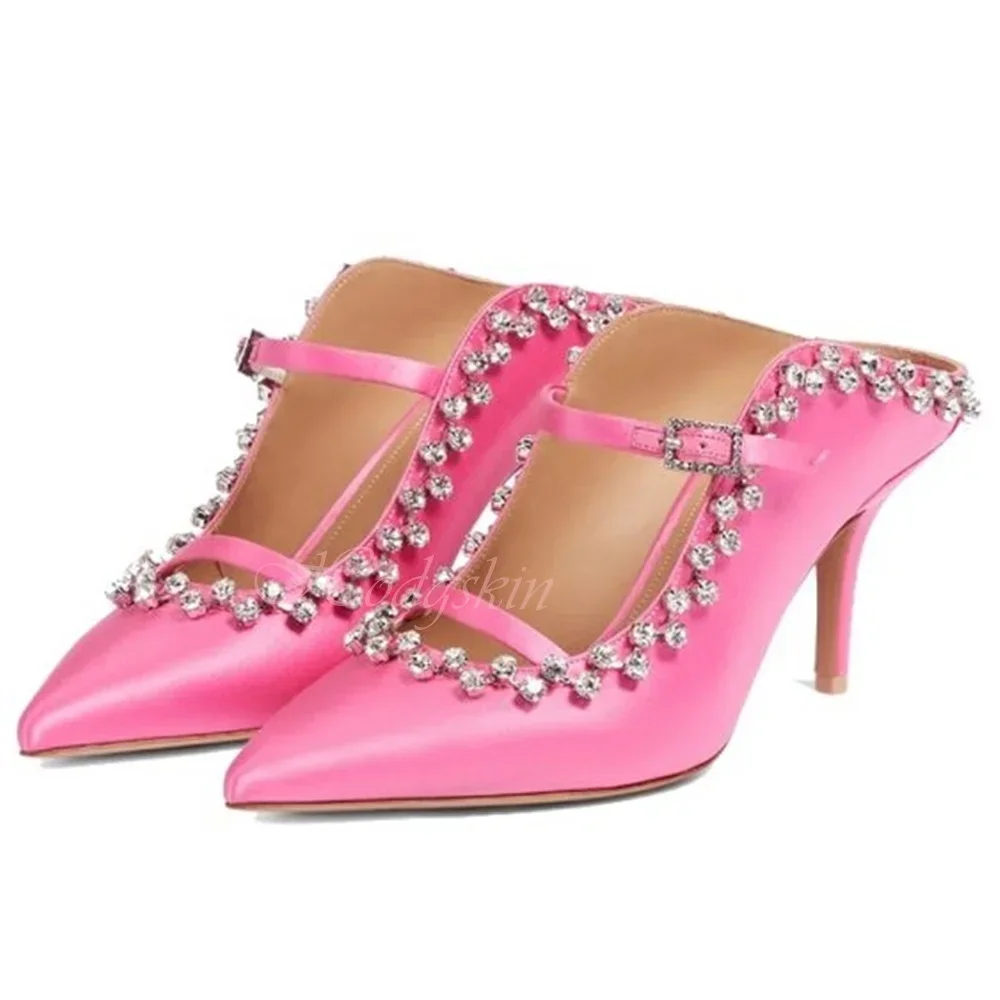 Crystal Shallow Pumps Pointy Toe Stiletto Heels Solid Straps Buckles Slip On Sandals Women New Shoes Summer Party Designer Sexy - Image 3