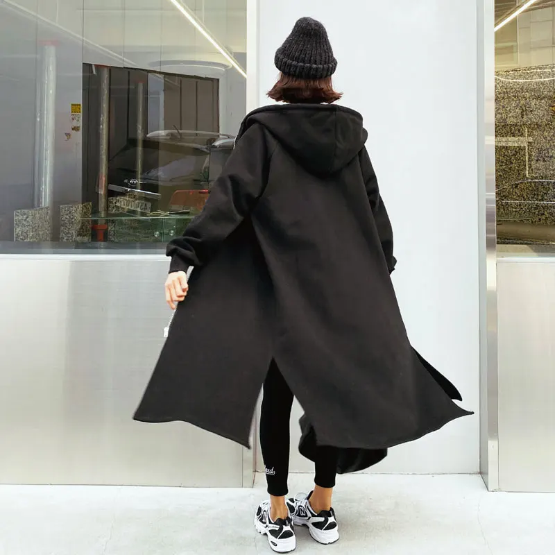 Damska bluza z kapturem na zamek błyskawiczny, średniej długości, ocieplana, sweter rozpinany, styl koreański, luźny krój, do pracy.