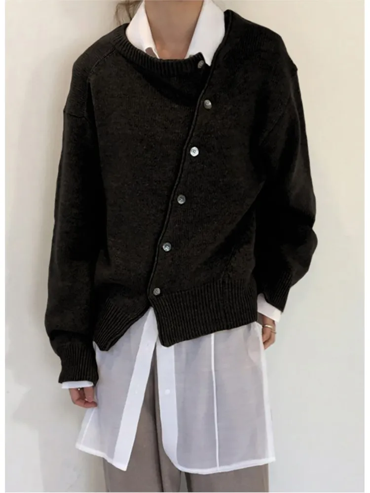 เสื้อคาร์ดิแกนไหมพรมแขนยาวคอโอ ทรงหลวม สไตล์ลำลอง สำหรับผู้หญิง  แบบติดกระดุมเฉียง  สำหรับฤดูใบไม้ร่วงและฤดูหนาว
