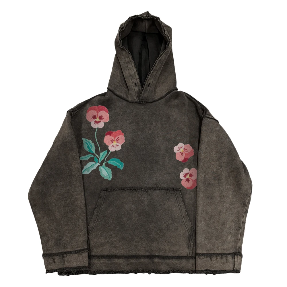 American Retro Floral Heavyweight Hoodie Couples Lazy Style Sweatshirt Women's Casual Fashion Accessories Pocket Handkerchief