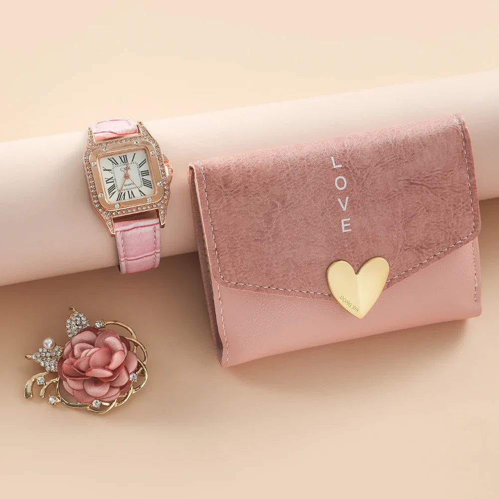 3Pcs Luxury Womens Watches Gift Set with Box Pink Brooch Wallet Watch for Women Girl Wife Daughter Mothers Day Christmas Gift