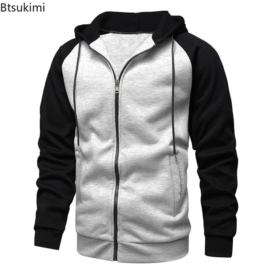 New 2025 Men's Casual Hooded Jackets Autumn Winter Fleece Zipper Hoodies Coats for Men Fashion Patchwork Sweatshirts with Pocket