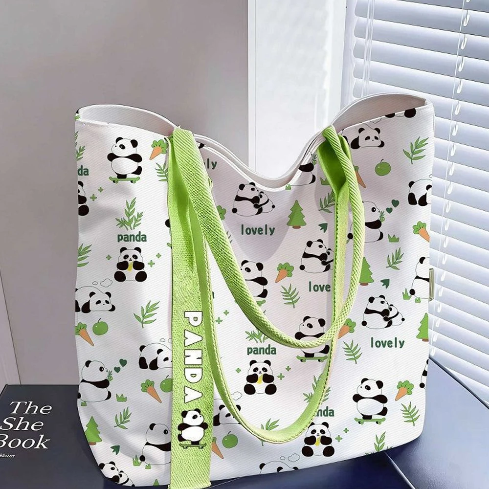 Happy Panda Cartoon Tote Bag, Sweet and Stylish Canvas Bag, Versatile Open-Top Shoulder Commuter Bag for Women