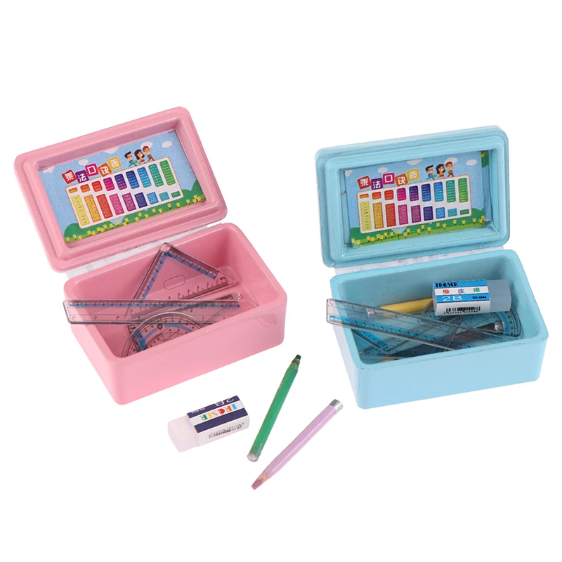 1Set 1:12 Dollhouse Miniature Stationery Pencil Case Pen Ruler Eraser Stationery Box Doll House Accessories Kid Pretend Play Toy