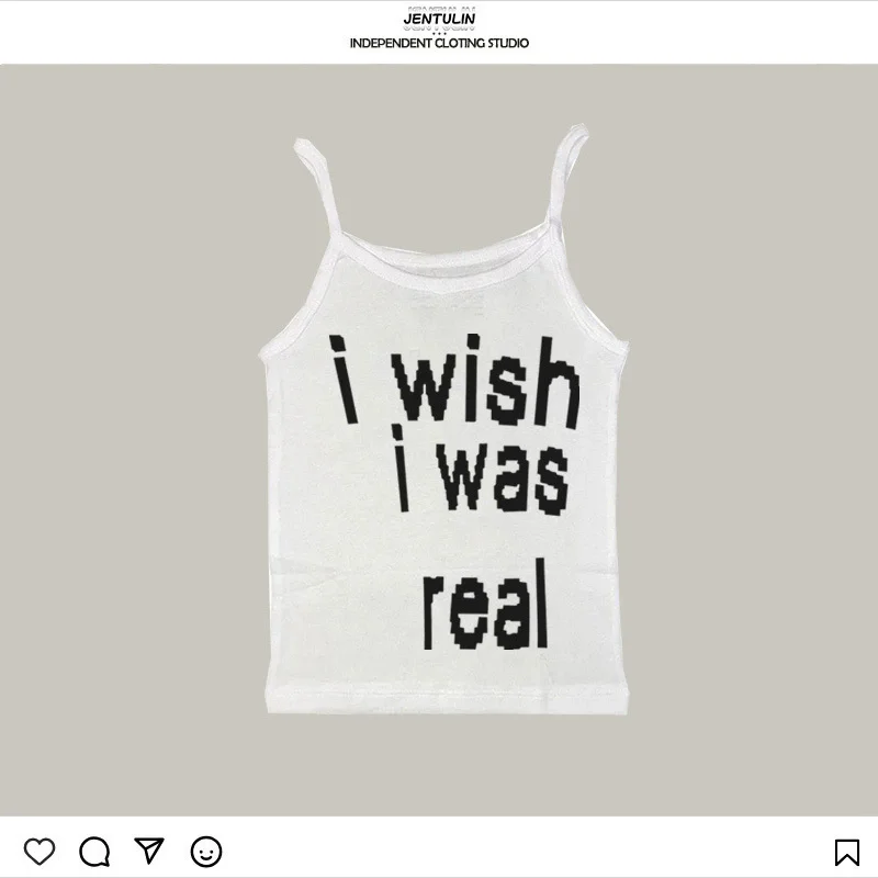 Women Y2K I Wish I Was Real Letter Print Cami Tank Top Vintage Aesthetic Sleeveless Spaghetti Strap Slim Fit Summer Vest
