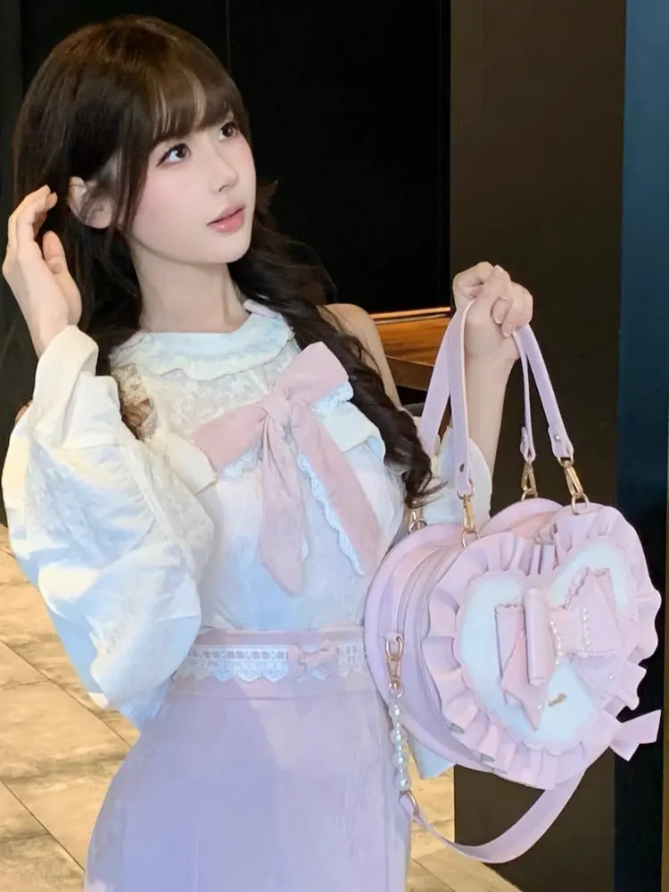 Sweet Pink Heart Shape Lolita Bag With Bow Plush  Original Kawaii Crossbody Handbag For Women Perfect For Sweet Lolita Fashion view 3