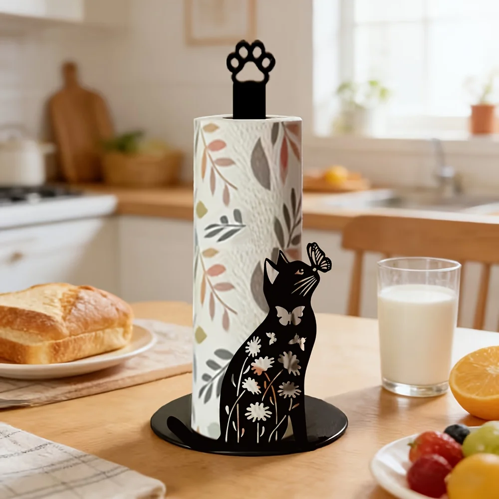 1 Piece 2D Flat Cute Black Cat Butterfly Paper Towel Holder, Kitchen Countertop Roll Paper Storage Rack, Vintage Farmhouse Bathroom Standing Paper Holder, Creative Animal Silhouette Design, High Aesthetic Home Storage