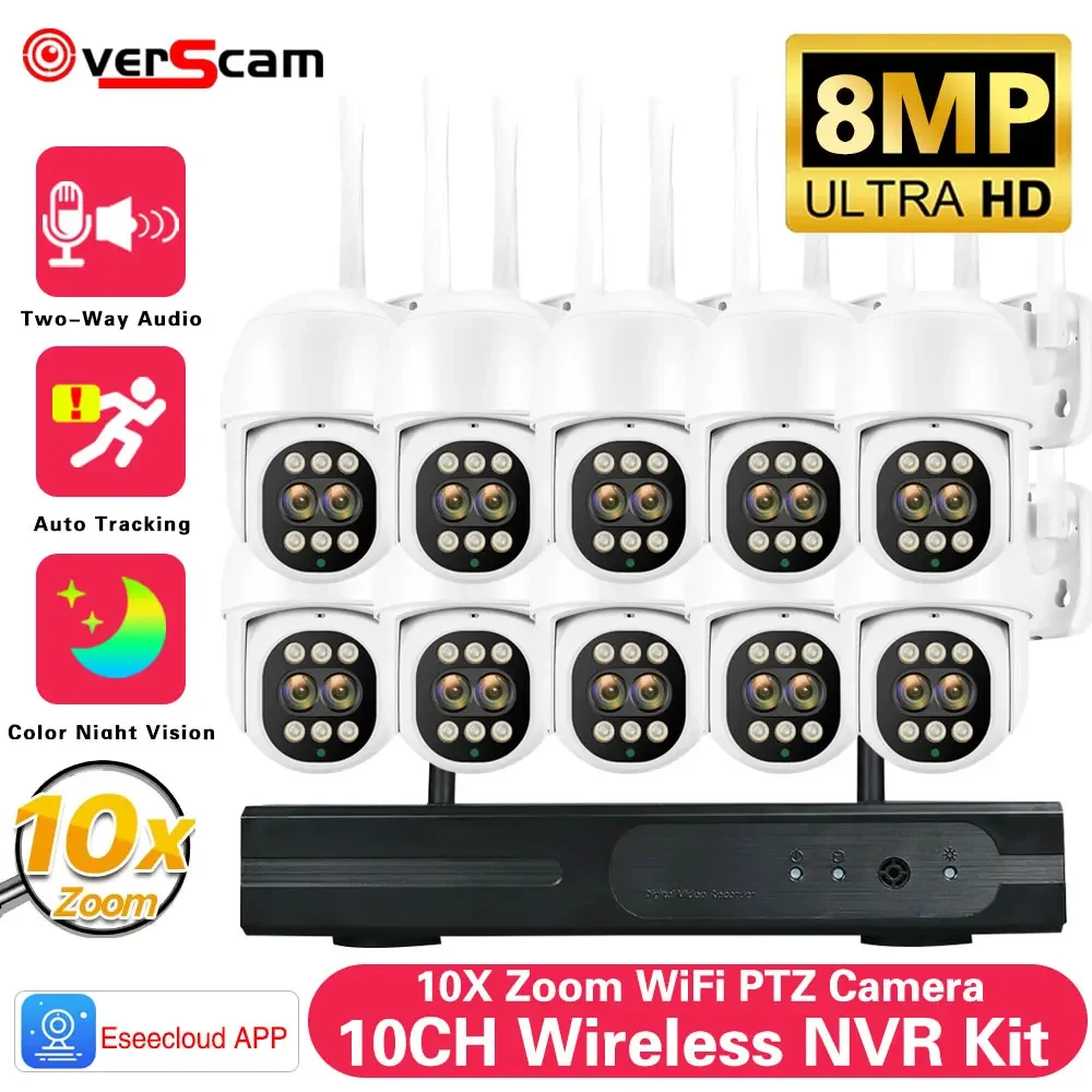 야외 보안 카메라 시스템, 와이파이 8MP 비디오 감시 세트, 10CH Nvr 키트, CCTV 녹화, IP66 10X PTZ 줌 카메라, 4K, 8MP