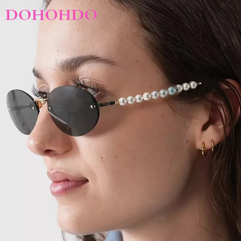 

Trendy Vintage Pearl Metal Rimless Small Oval Women Men Sunglasses Popular Brand Designer Eyeglasses Travel Driving Shades UV400