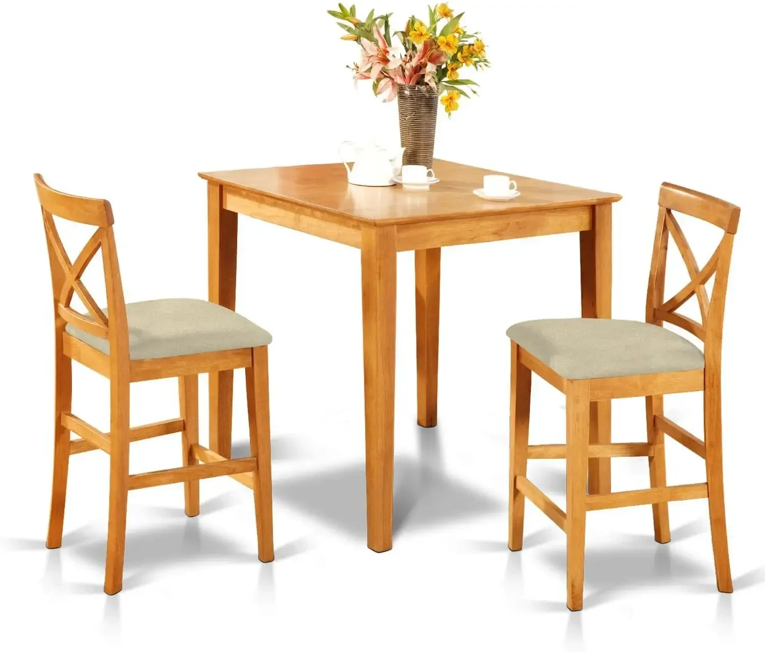 3 Piece Kitchen Counter Set for Small Spaces Contains a Square Table and 2 Linen Fabric Dining Room Chairs, 36x36 Inch