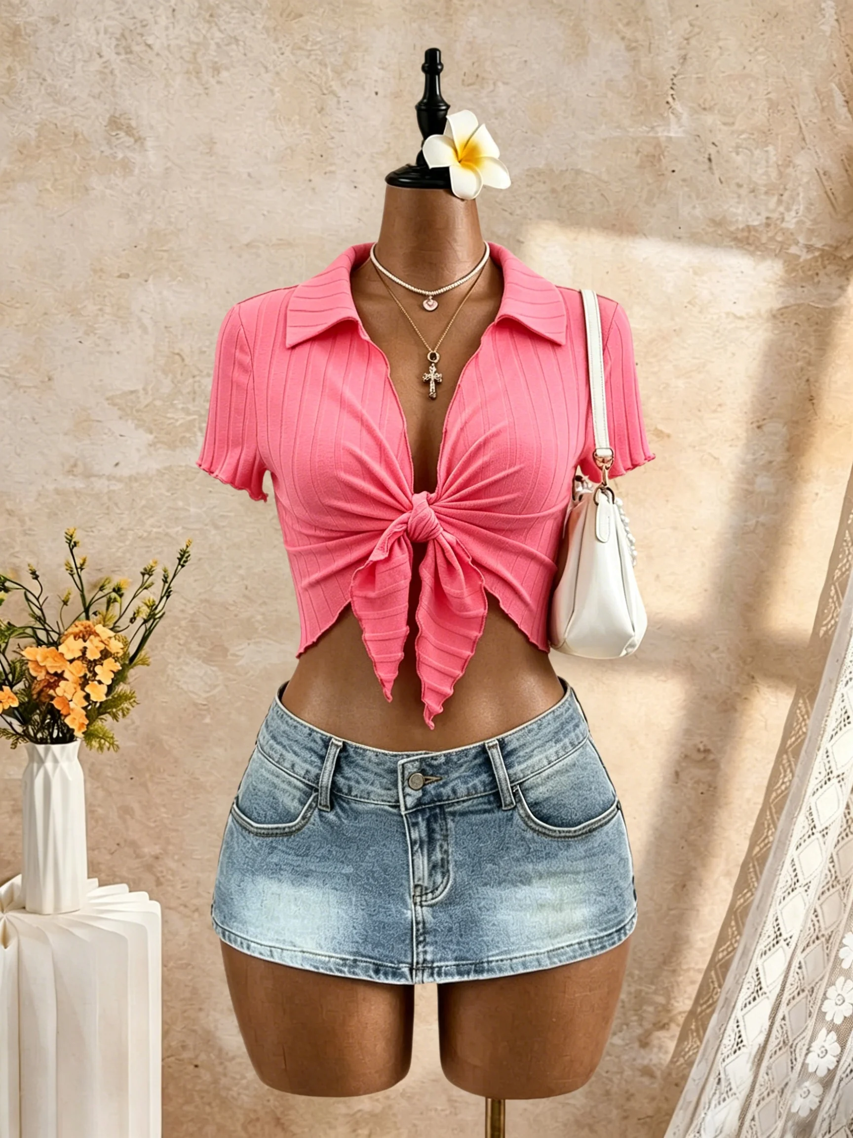 Women Polo Collar Front Tie Knot Short Sleeve Crop Top Ribbed Knit Ruffle Cuff Solid Pink Slim Fit Summer Y2K Blouse