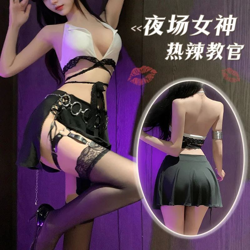 Sexy Lingerie Secretary Instructor Uniform Cosplay Exotic Office Lady Bandage Deep V Halter Top Mini Skirt Nightclub Temptation