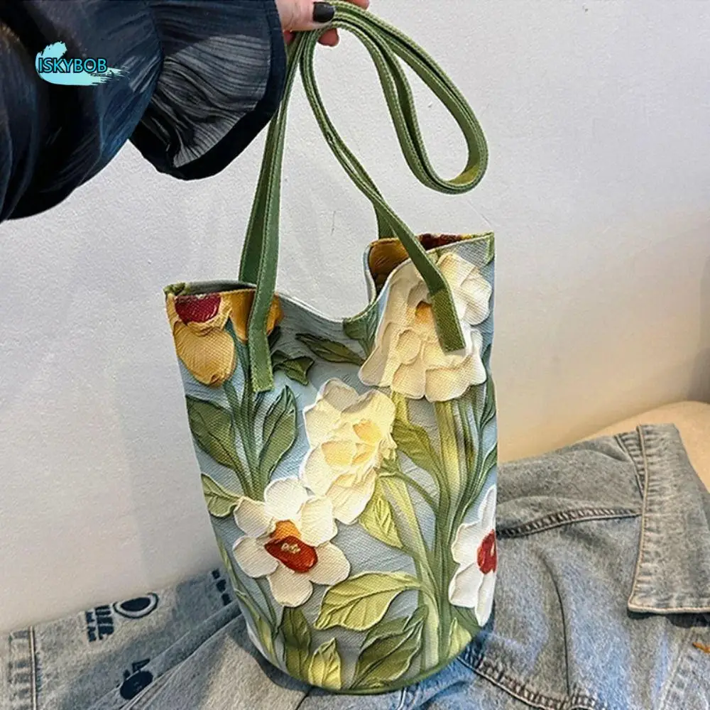 

Canvas Material Floral Pattern Bucket Bag Floral Design Crossbody Large Capacity Shoulder Bag Trendy Versatile Style